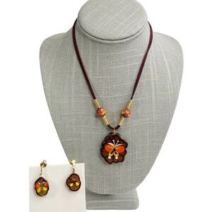 Vintage Wooden Hand Painted Butterfly Necklace & Clip On Earrings